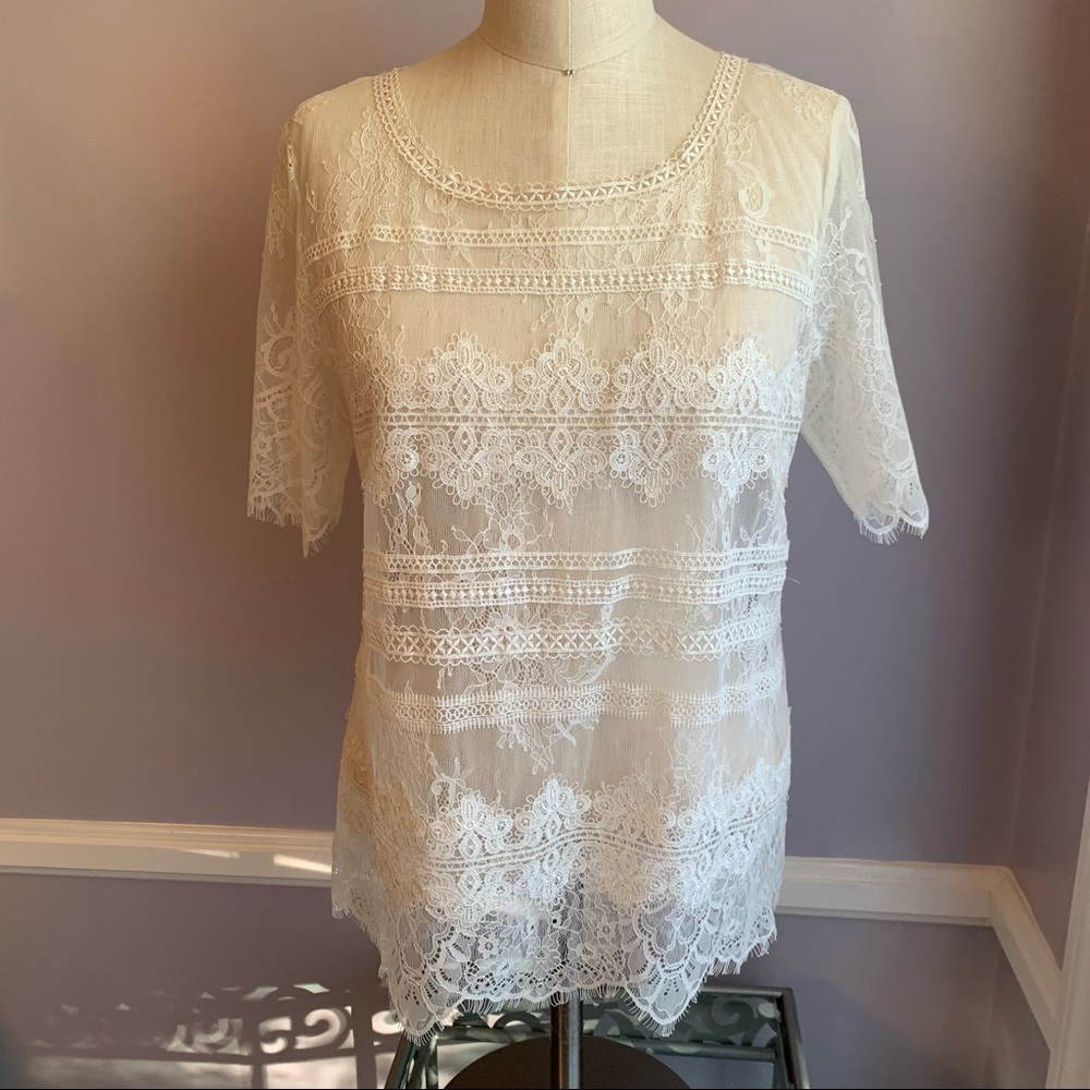 White House Black Market ivory lace top with scalloped short sleeves and hem S